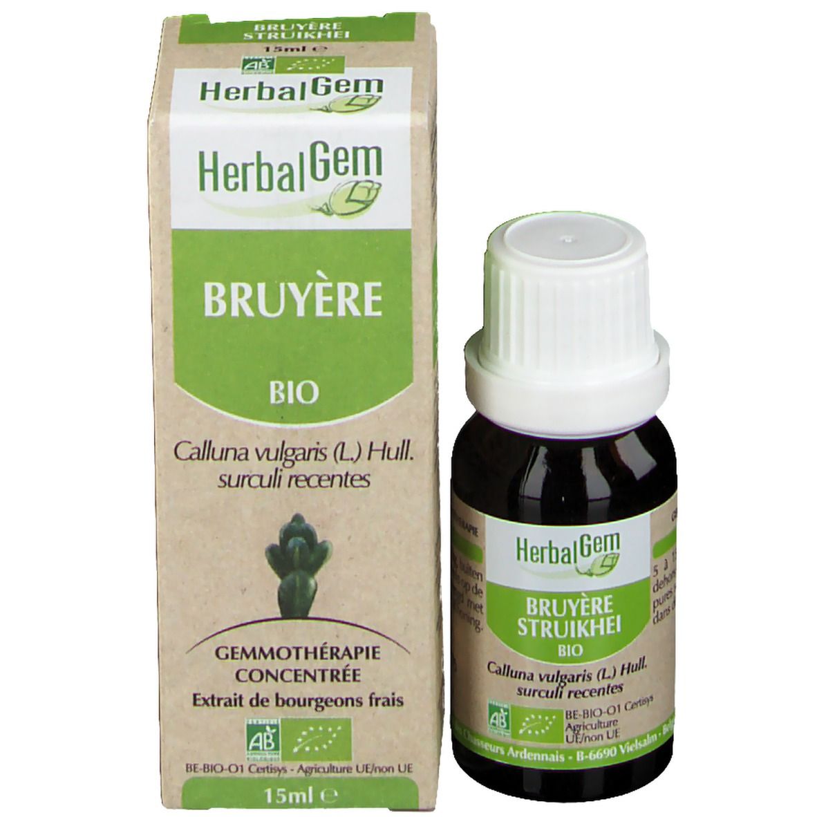 Flacon et emballage. Flacon brun, bouchon blanc. Boîte avec nom du produit et logo.