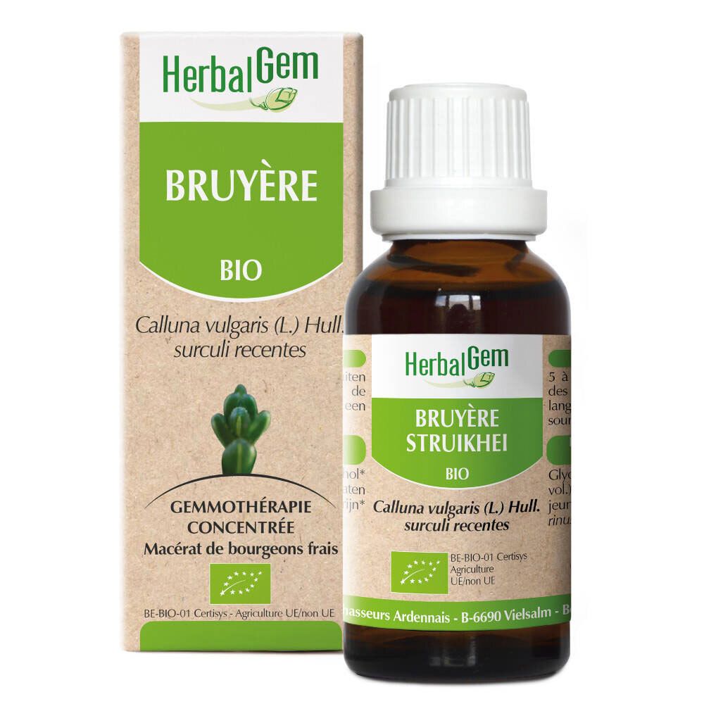 Bruine glazen fles met witte dop en doos. Opschrift: HerbalGem Bruyère Bio. Bevat ingrediënten.