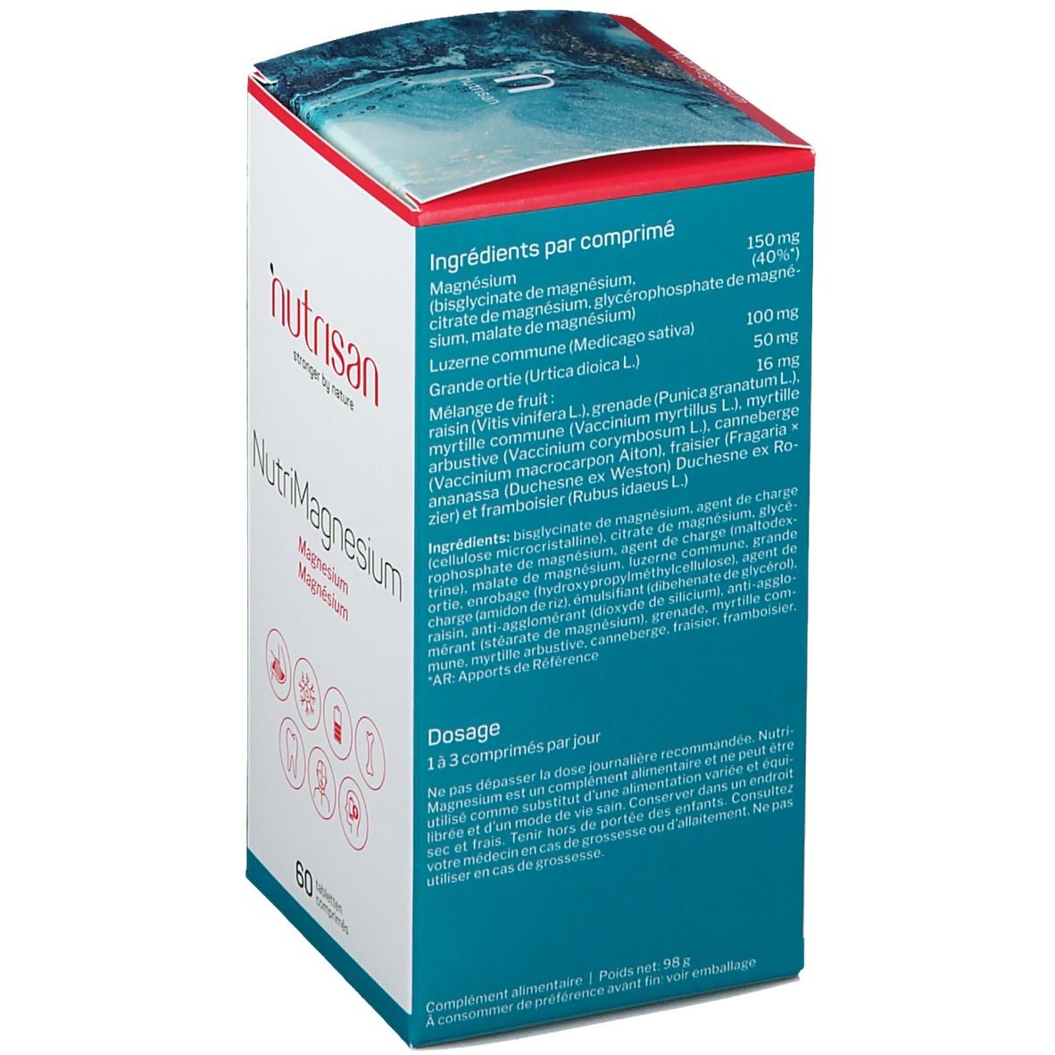 Dos de la boîte Nutrisan NutriMagnesium. Contient ingrédients et dosage. 60 comprimés.