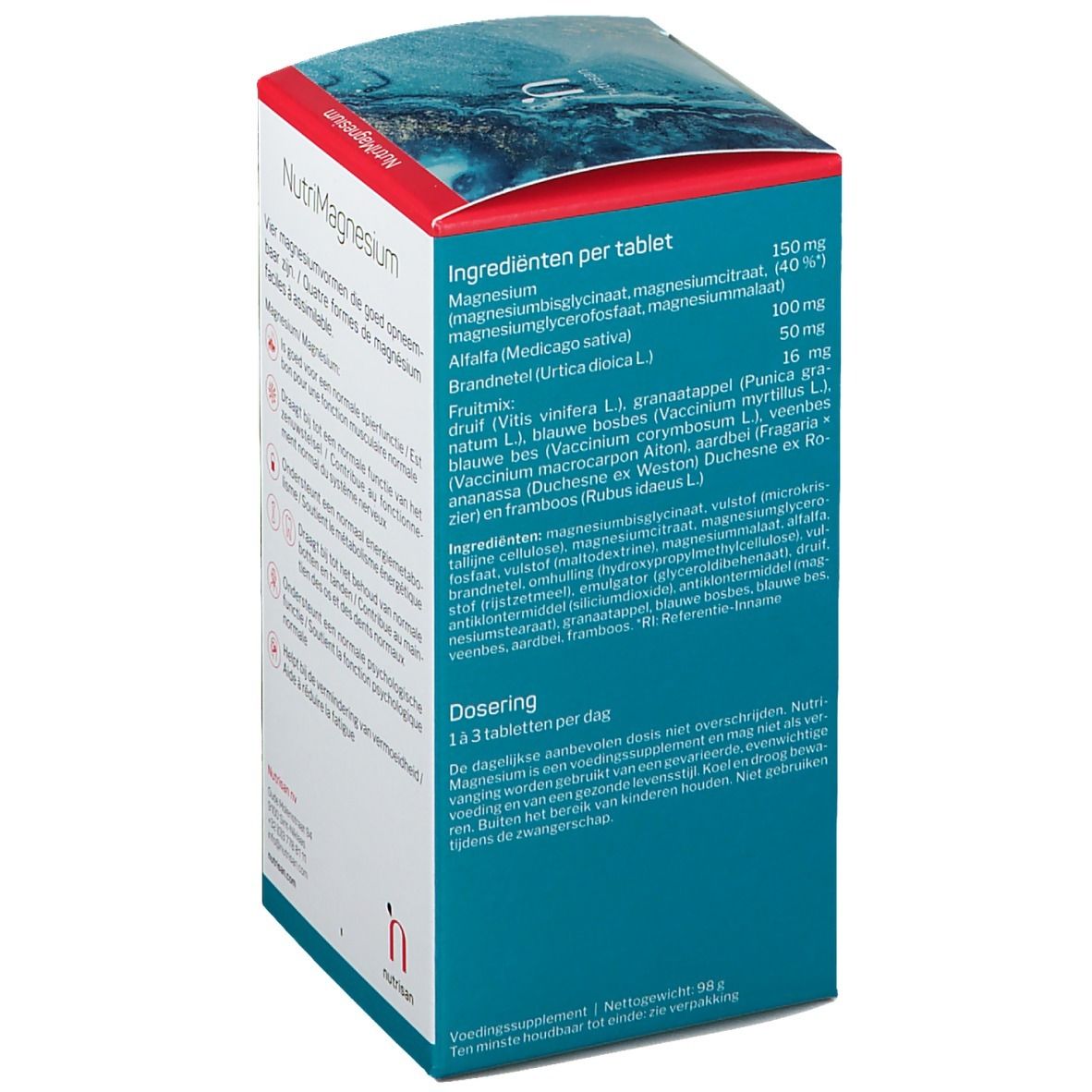 Dos de la boîte Nutrisan NutriMagnesium. Contient ingrédients et dosage. 60 comprimés.