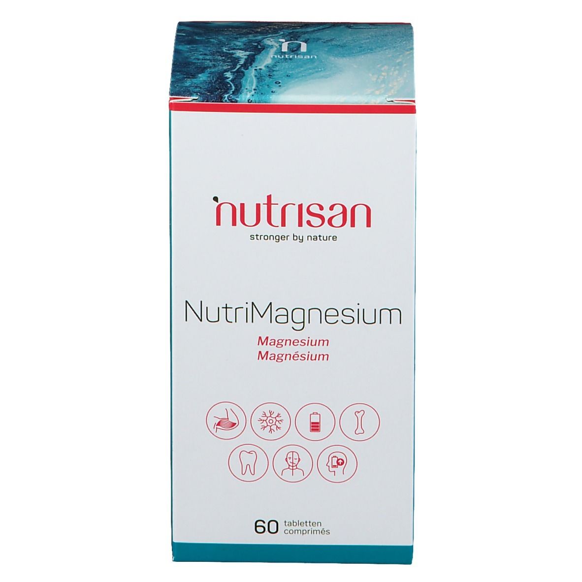 Boîte de Nutrisan Nutrisan NutriMagnesium. Contient 60 comprimés. Inscription: Magnesium, Magnesio, Magnésium.