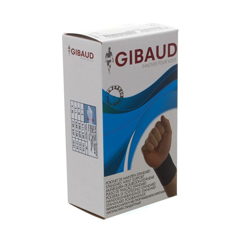 Witte doos met Gibaud-logo en productafbeelding. Blauwe elementen. Tekst: Standaard polssteun.