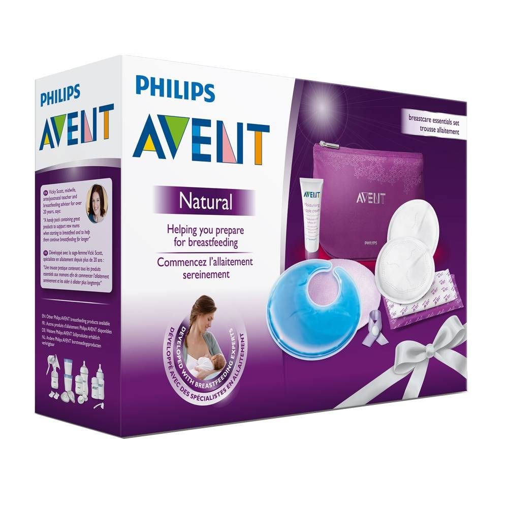 Emballage du kit de démarrage de soins des seins. Contient coussinets, crème, coussinets froids et sac. Logo AVENT et nom du produit.