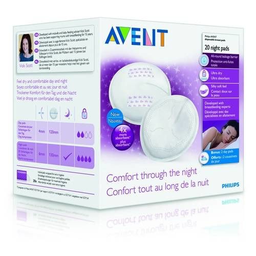Boîte de coussinets d'allaitement Philips Avent. 20 coussinets de nuit. Ultra-secs, doux. 2 coussinets offerts.