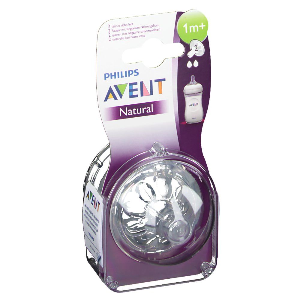 Emballage Philips AVENT Natural. Tétine transparente visible. Informations produit sur l'emballage.