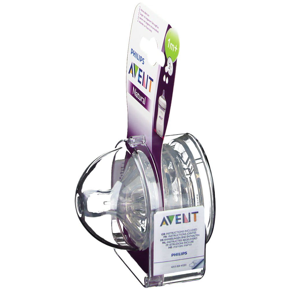 Tétine Philips AVENT Natural dans son emballage. Tétine transparente, emballage avec informations et marque.