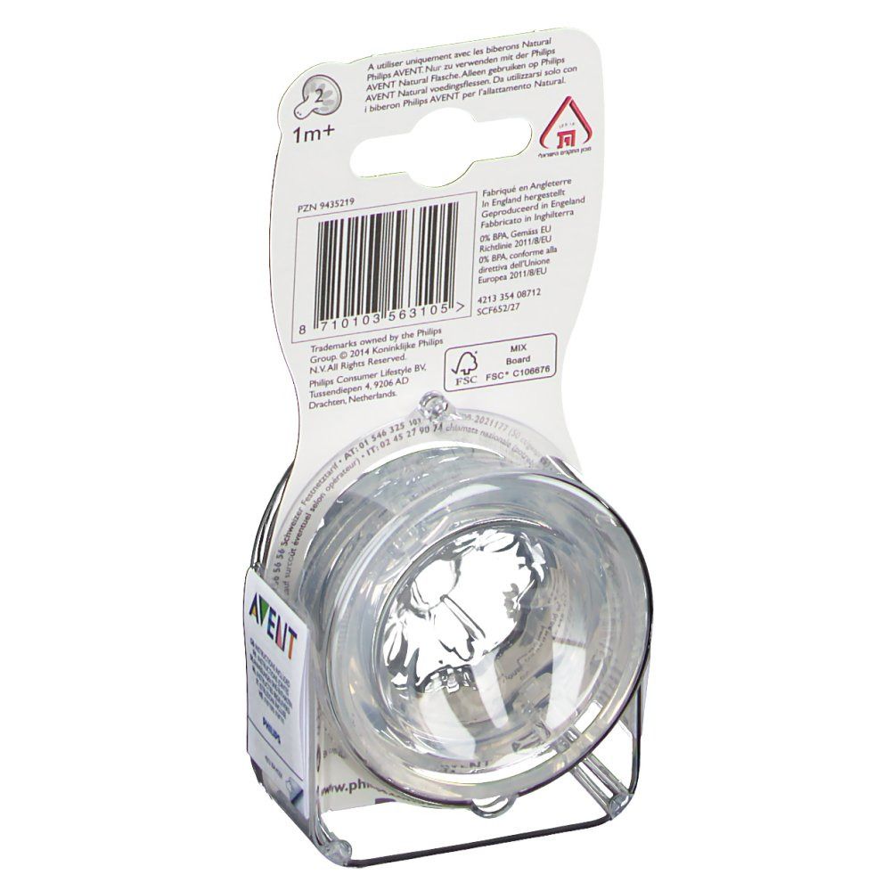 Dos de l'emballage Philips AVENT Natural. Code-barres, informations produit, marque et certifications.