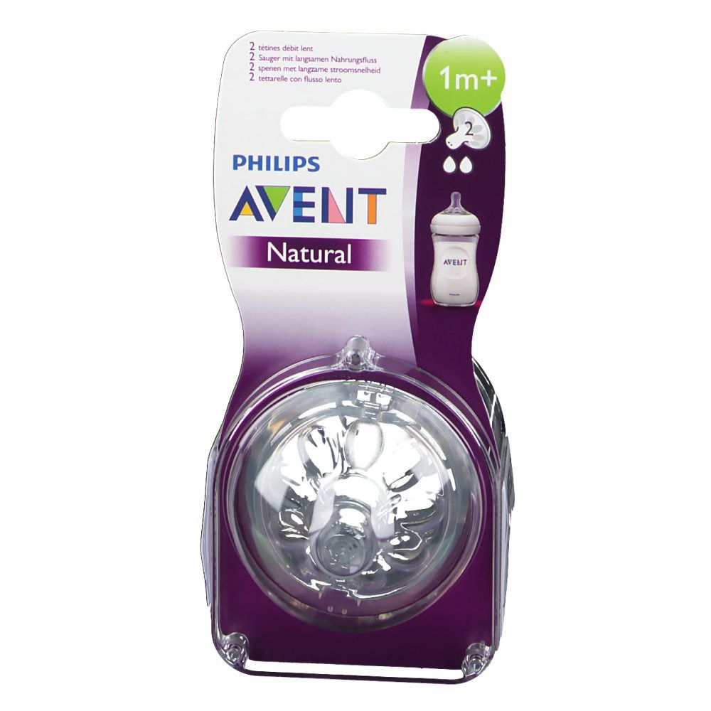 Emballage Philips AVENT Natural. Tétine transparente visible. Informations produit sur l'emballage.