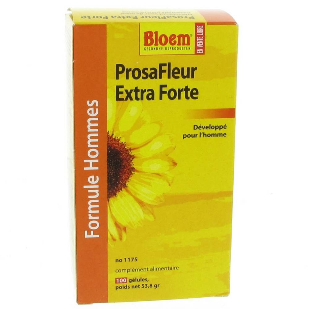 Boîte jaune "ProsaFleur Extra Forte" avec illustration de tournesol. Texte: "Formule Hommes".
