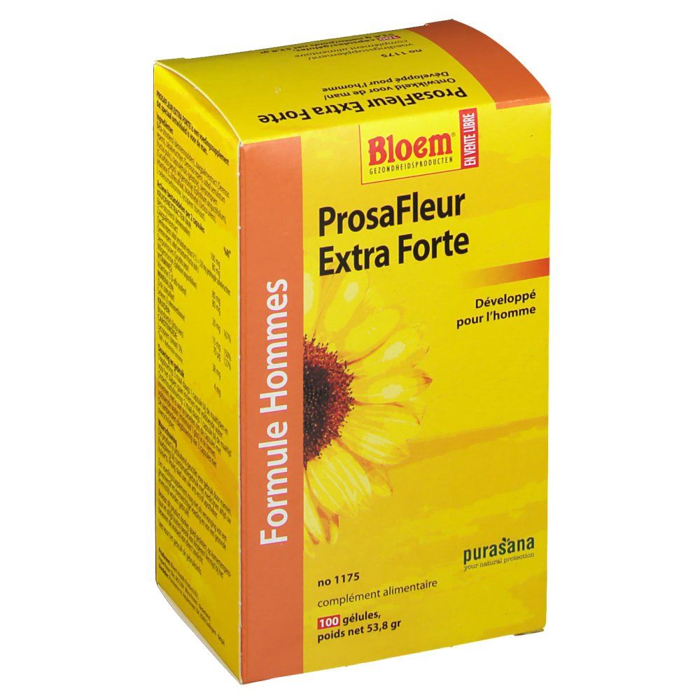 Boîte jaune "ProsaFleur Extra Forte" avec tournesol. Marque: Bloem. Texte: "Formule Hommes".