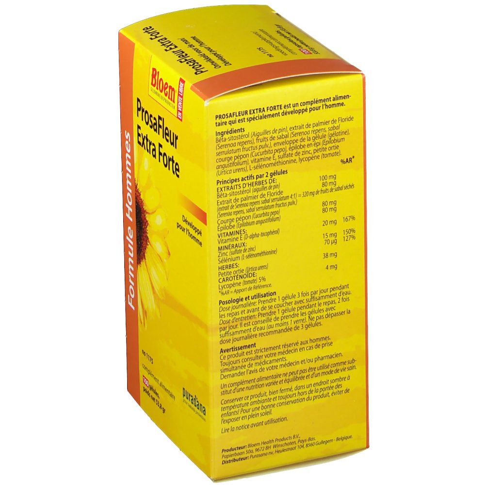 Dos de la boîte jaune "ProsaFleur Extra Forte". Texte avec ingrédients et informations nutritionnelles.