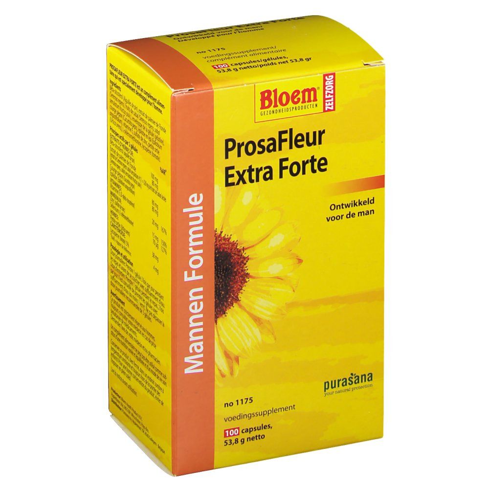 Boîte jaune "ProsaFleur Extra Forte" avec tournesol. Texte: "Mannen Formule". Marque: Bloem.