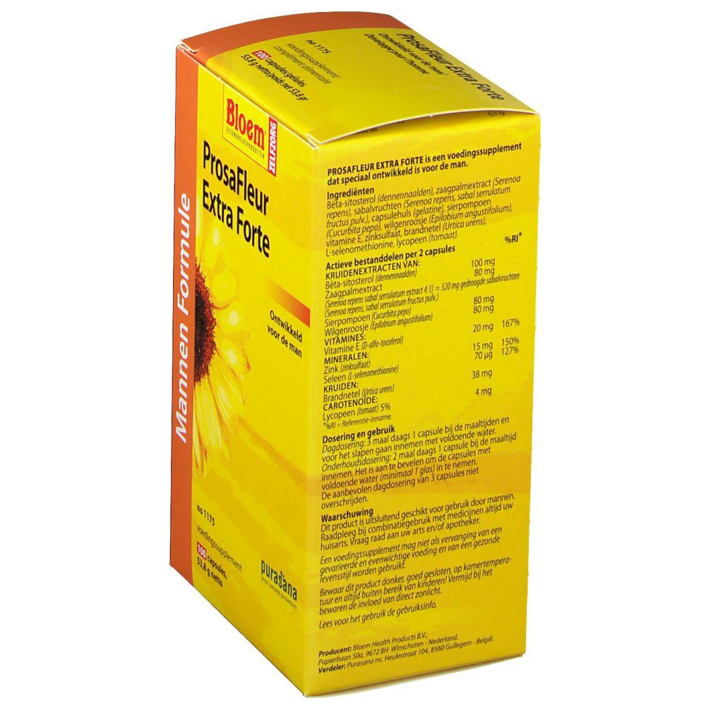 Dos de la boîte jaune "ProsaFleur Extra Forte". Texte avec ingrédients et informations nutritionnelles.