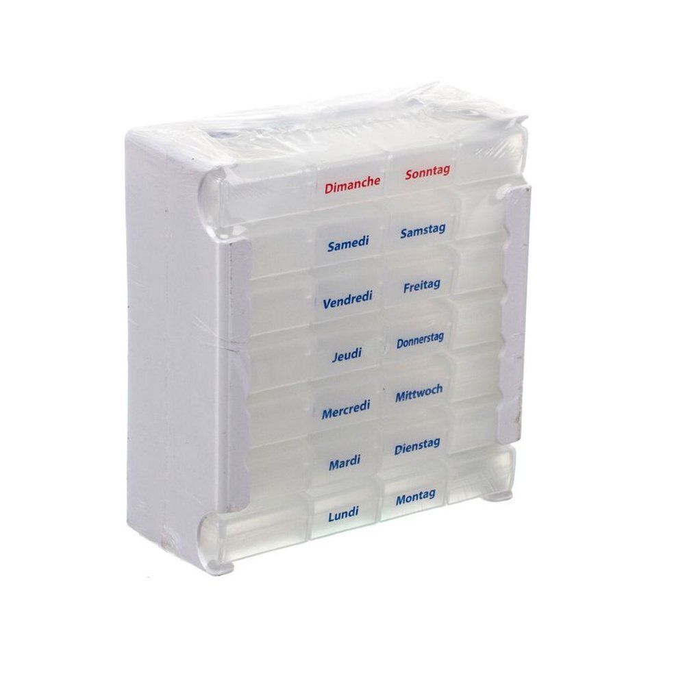 Pilulier hebdomadaire avec sept compartiments, étiquetés avec les jours de la semaine en français et allemand. Compartiments transparents, cadre blanc.