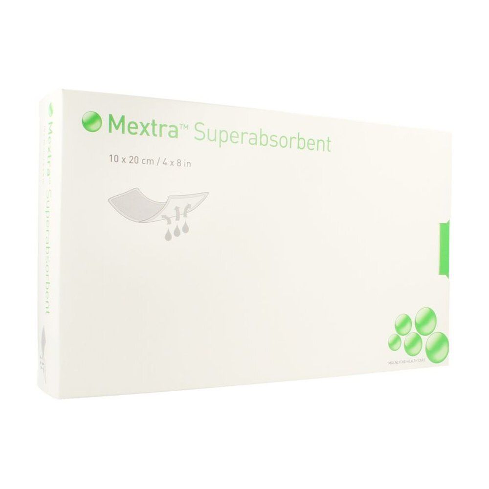 Verpakking van Mextra Superabsorbent. Opschrift: 10 x 20 cm / 4 x 8 in. Illustratie van een verband. Groen-witte kleurstelling.
