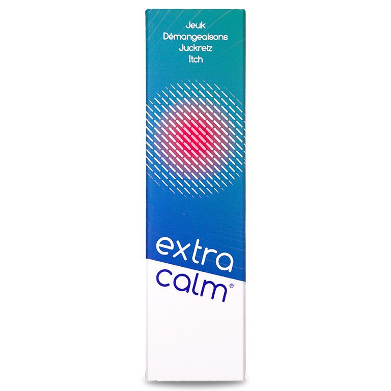 Flacon spray, blanc avec bande bleu-vert. Inscription: extra calm. Contre les démangeaisons. Cercle rouge.
