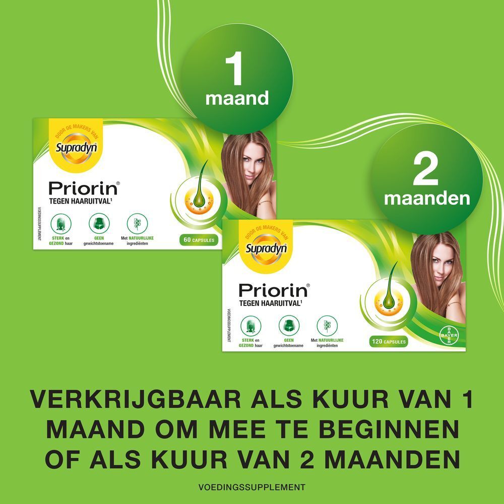 Priorin-verpakking. 120 capsules. Tegen haaruitval. Met vrouw en logo.