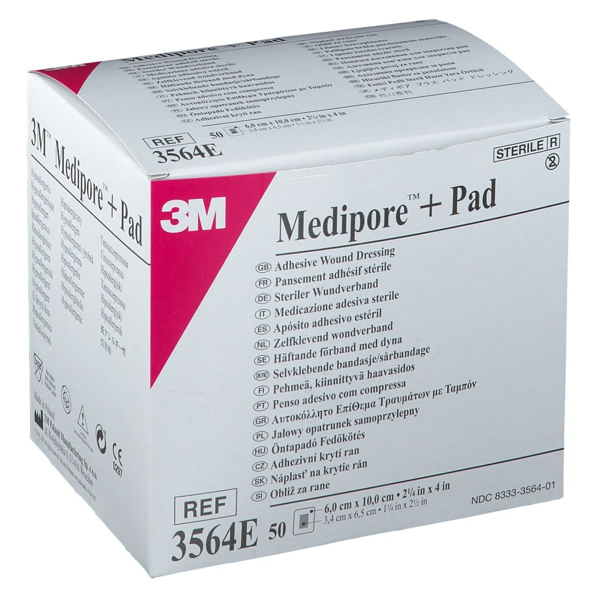 Doosje 3M Medipore + Pad verband. Bevat 50 stuks. Afmetingen: 6,0 cm x 10,0 cm. Steriele verpakking.