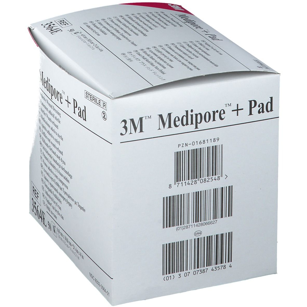 Achterkant doos 3M Medipore + Pad. Barcodes en productinformatie. Steriele verpakking.