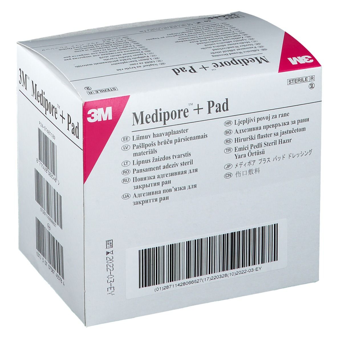 Achterkant doos 3M Medipore + Pad. Barcodes en productinformatie. Steriele verpakking.