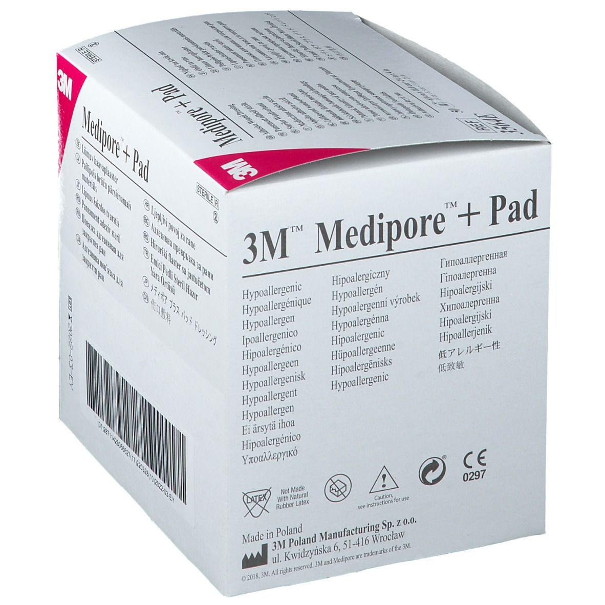 Achterkant doos 3M Medipore + Pad. Barcodes en productinformatie. Steriele verpakking.