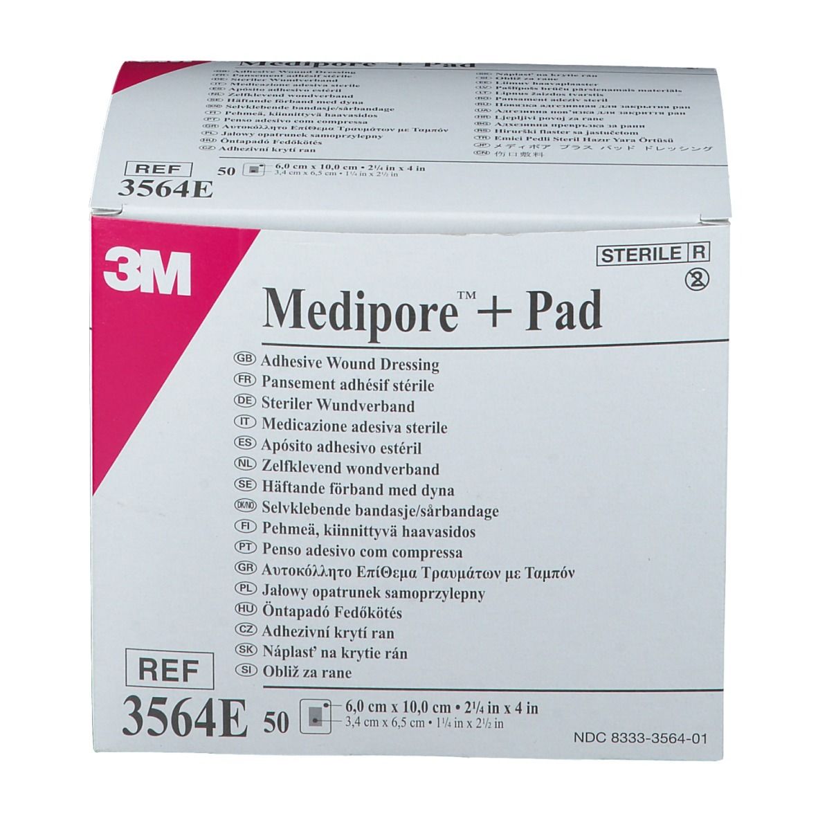 Doosje 3M Medipore + Pad verband. Bevat 50 stuks. Afmetingen: 6,0 cm x 10,0 cm. Steriele verpakking.