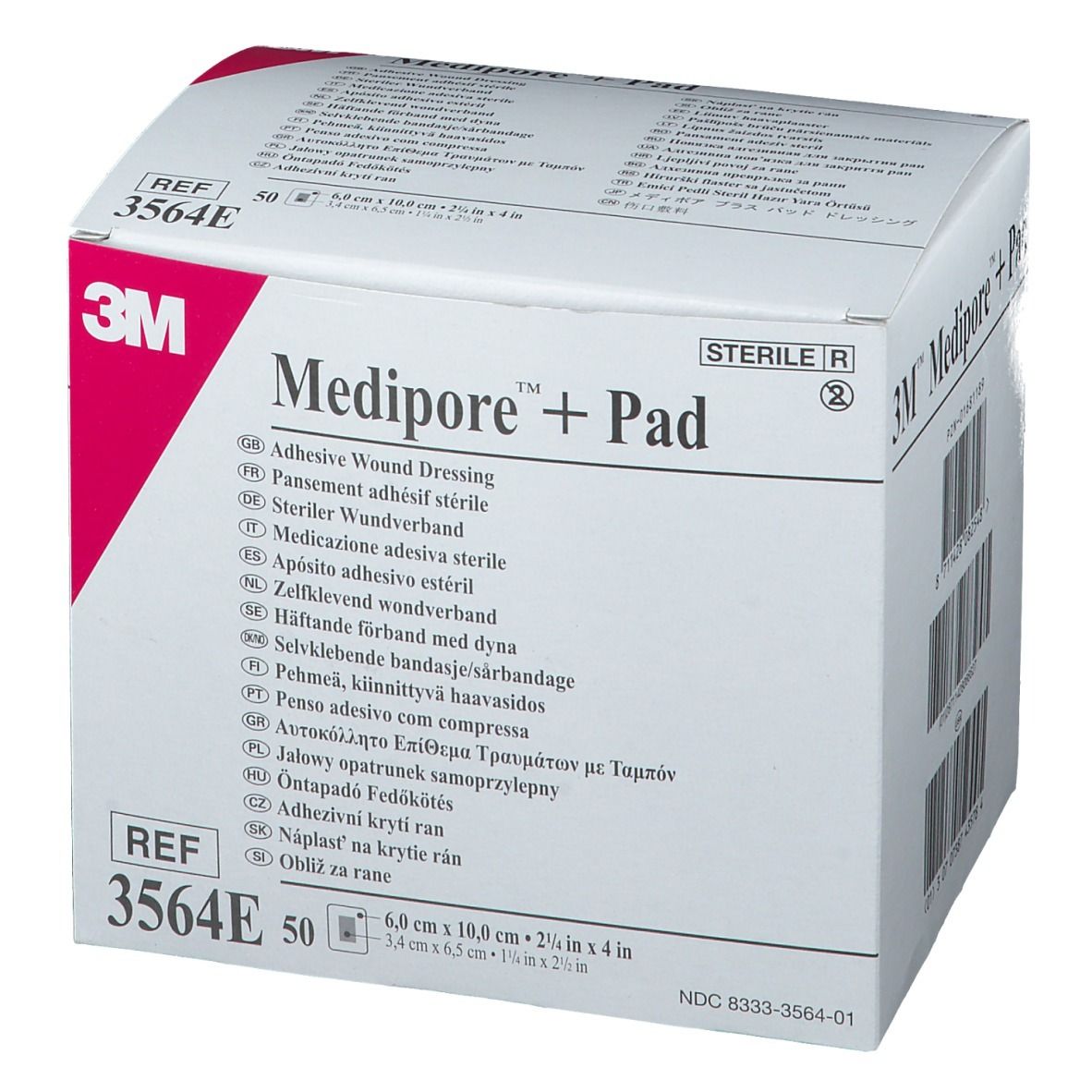 Doosje 3M Medipore + Pad verband. Bevat 50 stuks. Afmetingen: 6,0 cm x 10,0 cm. Steriele verpakking.