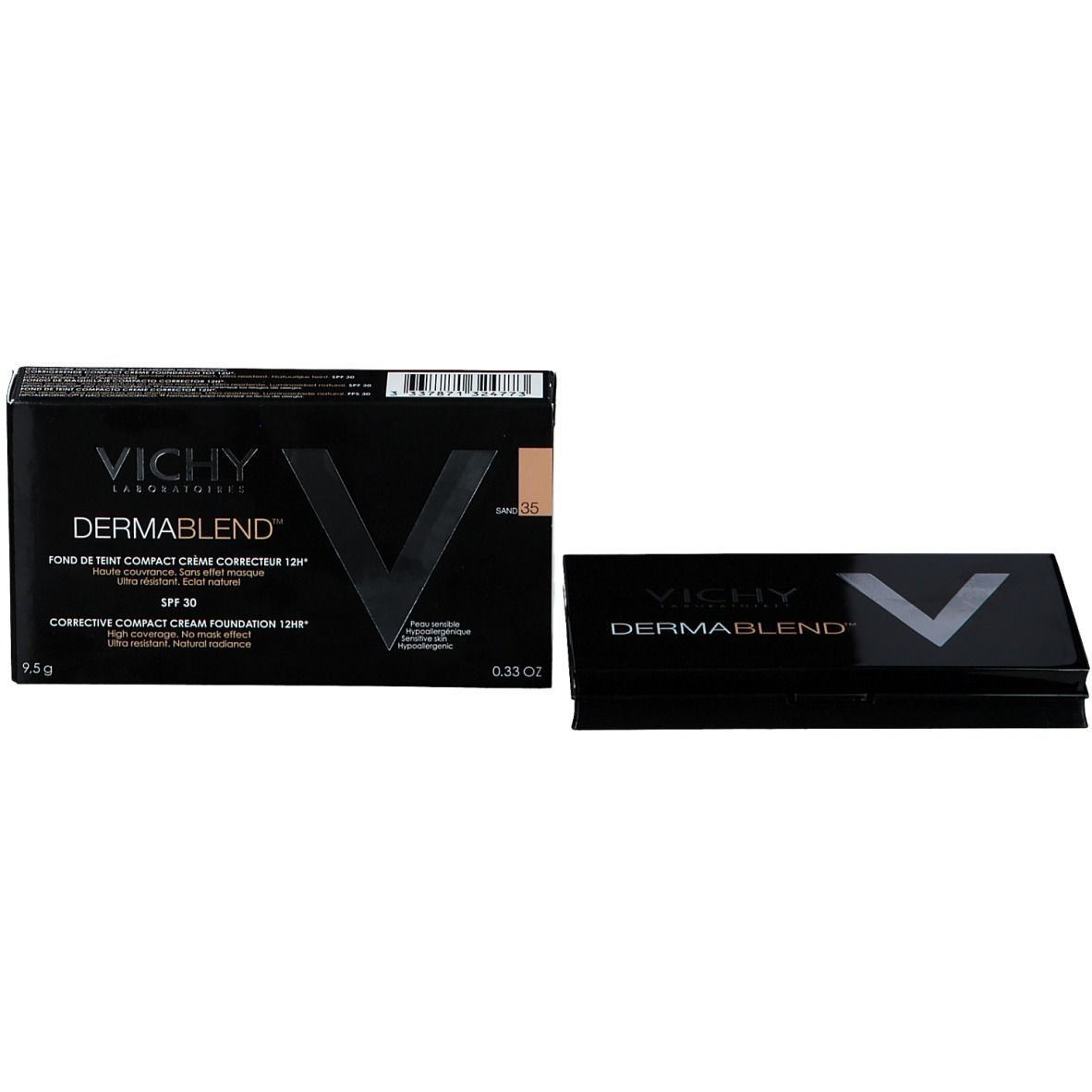 Vichy Dermablend Maquillage crème compact et emballage. Emballage noir avec informations produit.