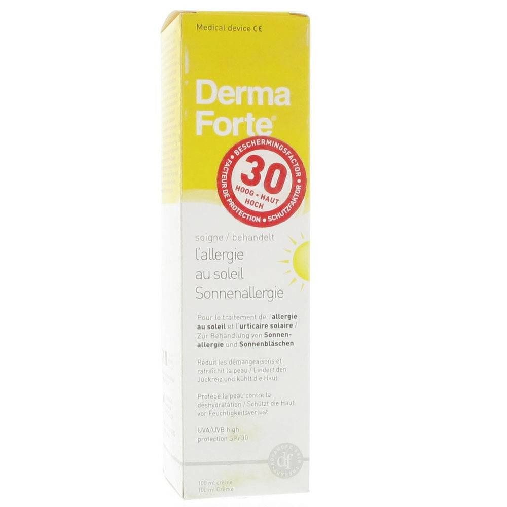 Boîte jaune avec logo "Derma Forte" et texte. "30" dans un cercle rouge. Texte en français et allemand. Traitement allergie solaire.