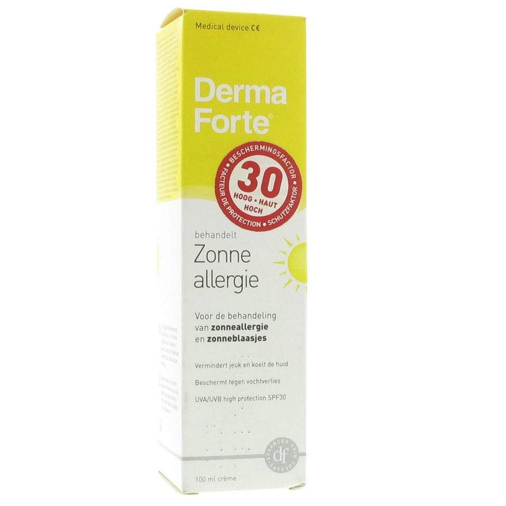 Boîte jaune avec logo "Derma Forte" et texte. "30" dans un cercle rouge. Texte en néerlandais et allemand. Traitement allergie solaire.