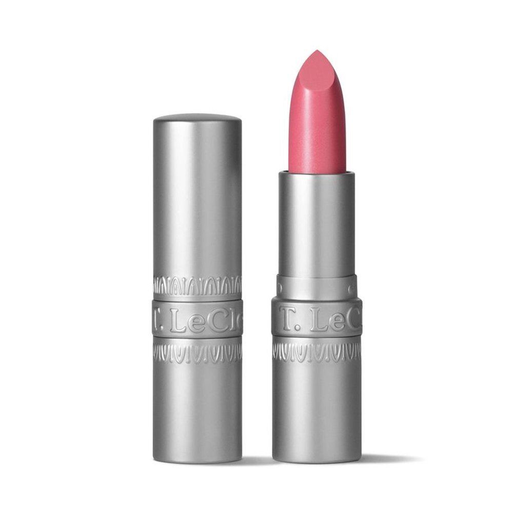 T. LeClerc Transparent Lipstick, geopend. Zilverkleurige lipstick met roze punt. Opschrift: T. LeClerc.