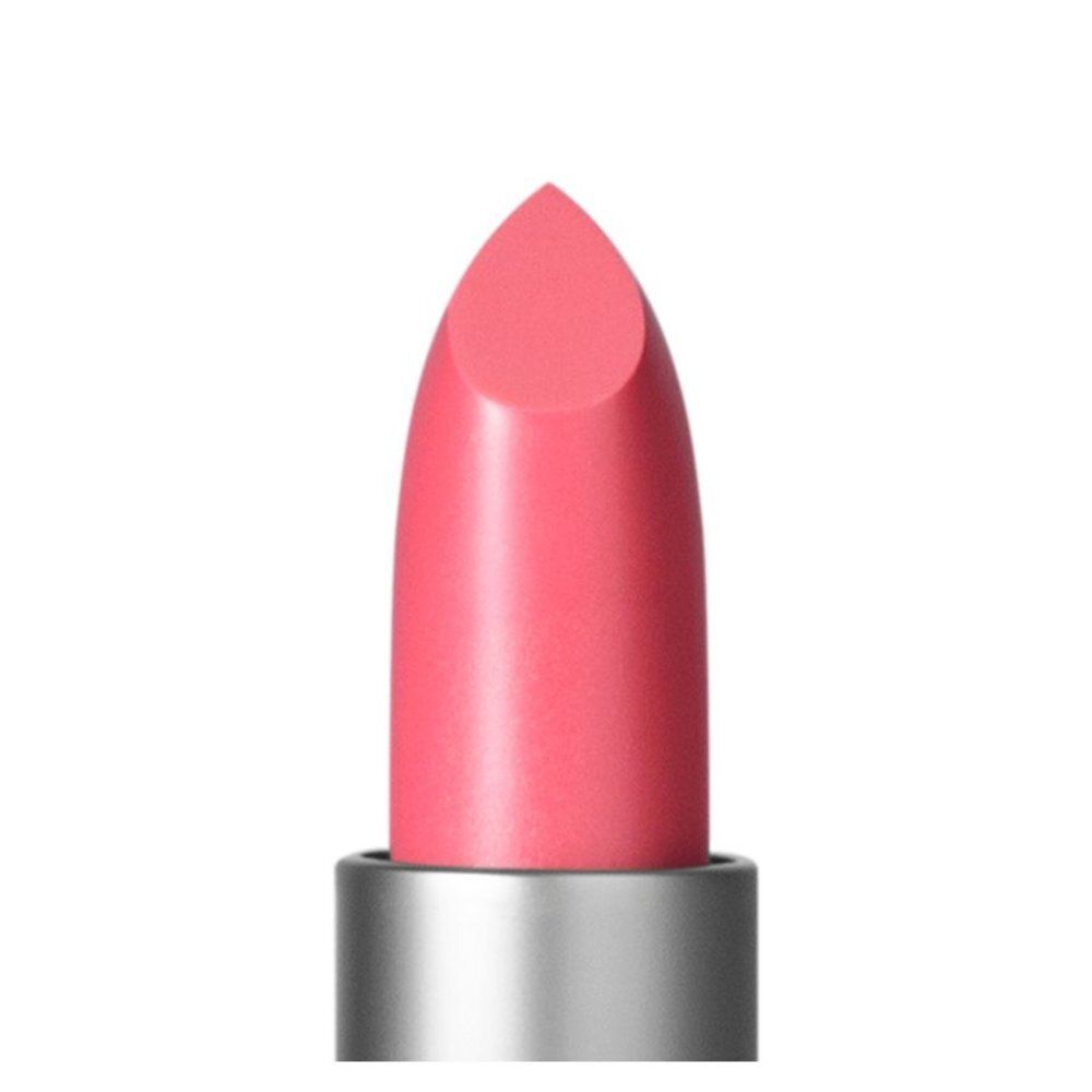 Close-up van de lipstickpunt van T. LeClerc Transparent Lipstick. Roze lipstickpunt.
