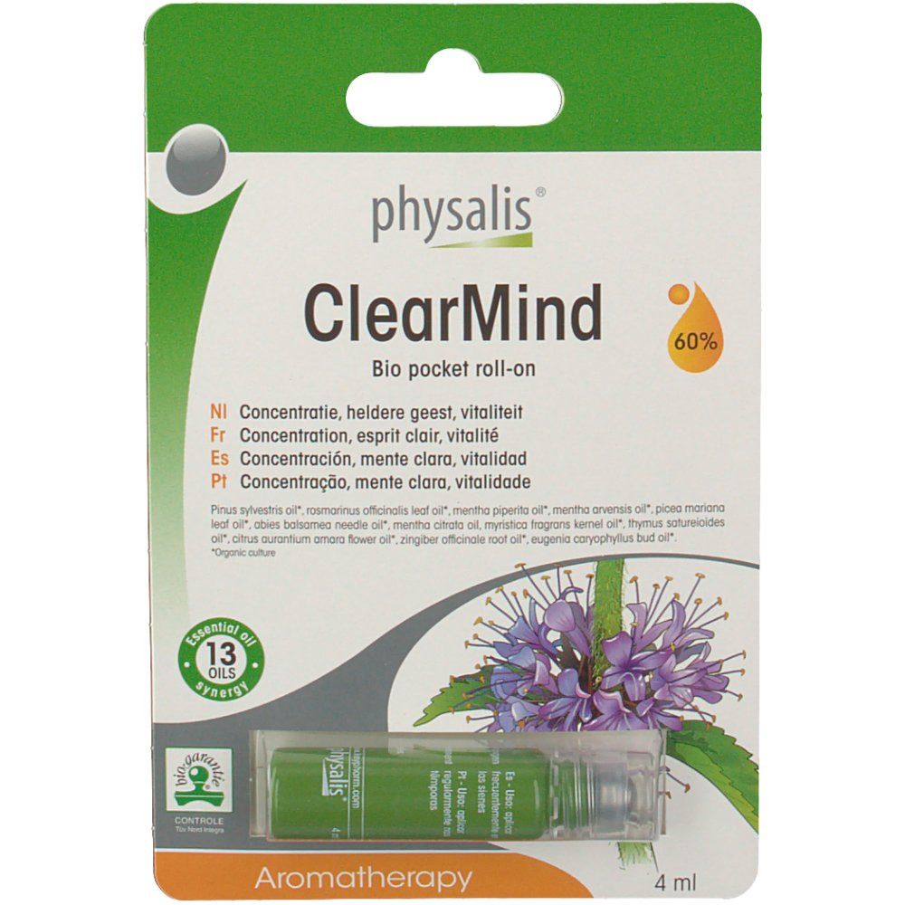 Emballage avec roll-on. Inscription: Physalis ClearMind Bio. 60% et 13 huiles. Aromathérapie. 4 ml.