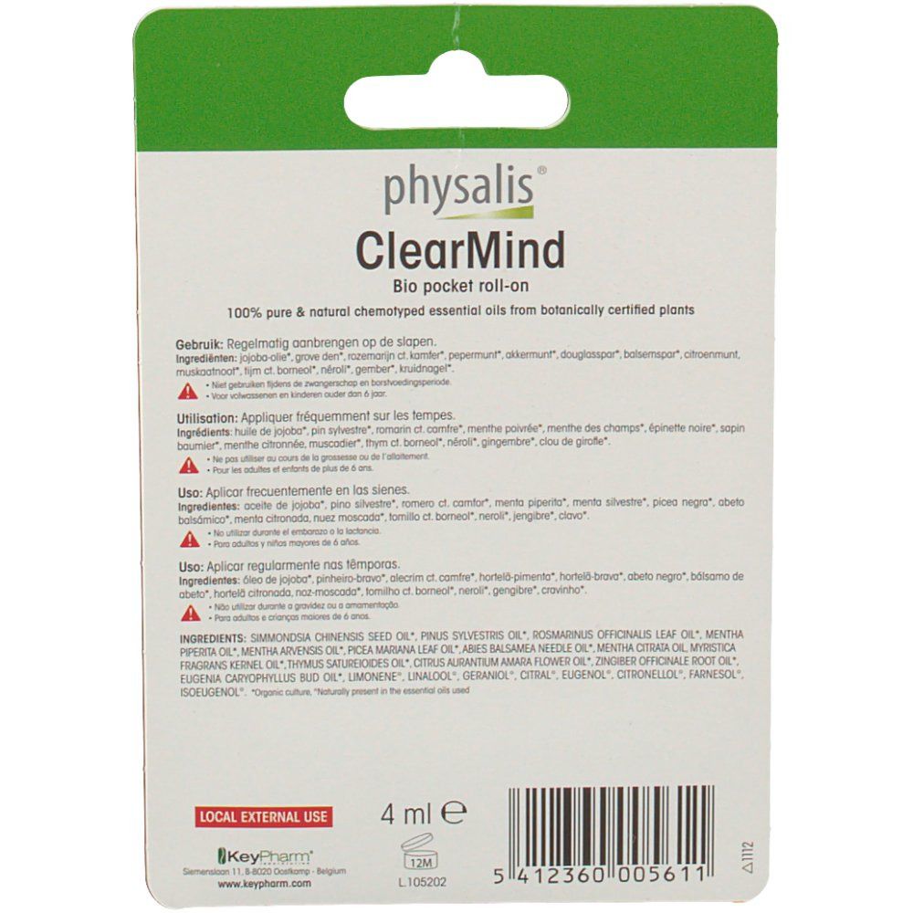 Dos de l'emballage. Inscription: Physalis ClearMind. Texte sur les ingrédients et l'utilisation. 4 ml.