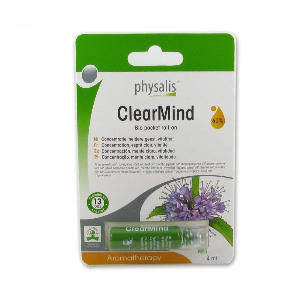 Emballage avec roll-on. Inscription: Physalis ClearMind Bio. 60% et 13 huiles. Aromathérapie. 4 ml.