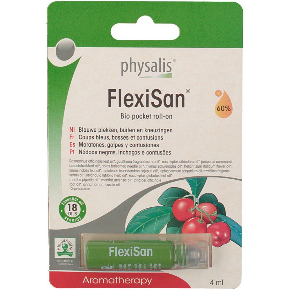 FlexiSan Bio Pocket roll-on in blisterverpakking. Groene verpakking met productnaam en afbeelding van fruit.