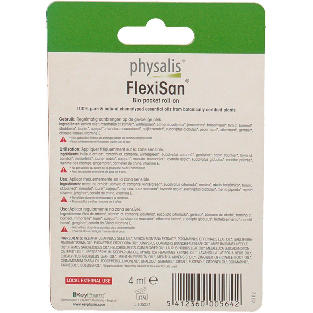 Achterkant van de FlexiSan Bio Pocket roll-on verpakking. Bevat tekstinformatie en ingrediënten.