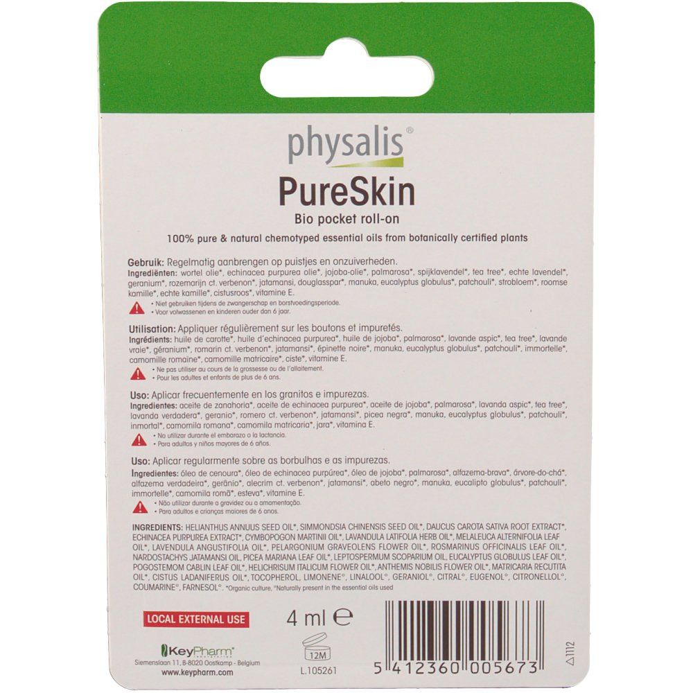 Dos de l'emballage blister. Texte : Physalis PureSkin Bio pocket roll-on. Ingrédients et instructions d'utilisation. 4 ml.