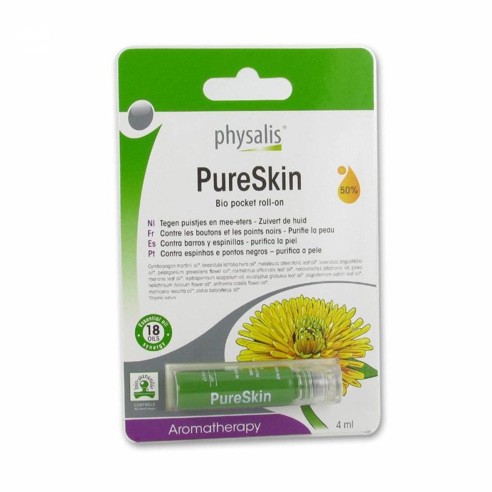 Roll-on vert dans un emballage blister. Inscription : Physalis PureSkin Bio pocket roll-on. Contient 18 huiles. 4 ml.