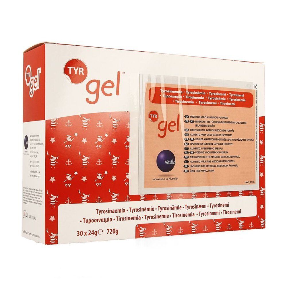 Boîte de Vitaflo TYR gel. Inscription TYR gel. Contient 30 sachets de 24g. Différentes langues sont indiquées sur l'emballage.