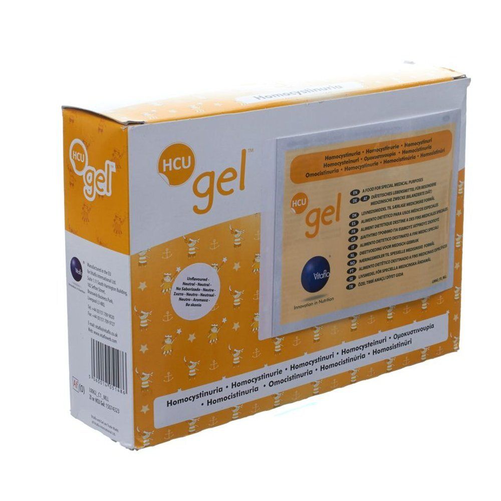 Kartonnen verpakking met opdruk van HCU gel. Opschrift in meerdere talen. Gele en witte kleurstelling. Barcode op de zijkant.