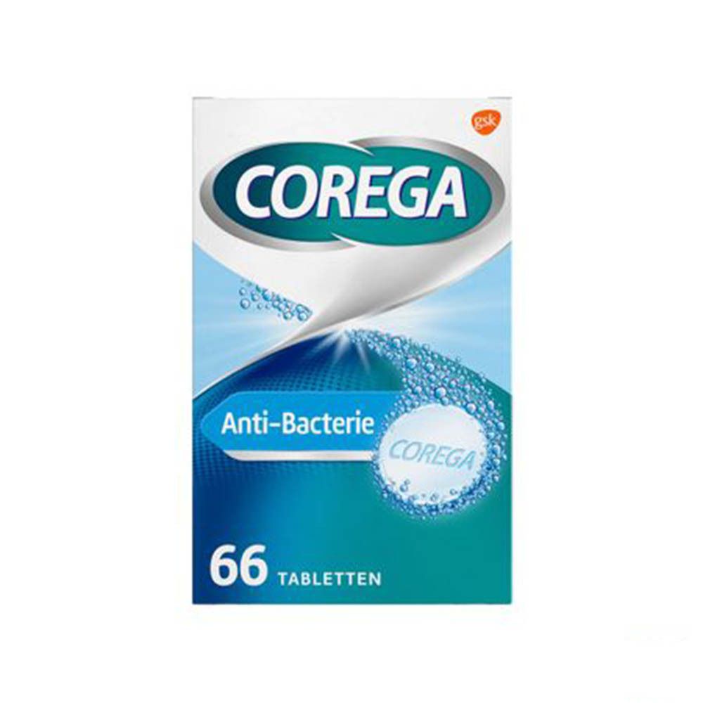 COREGA® TABS Anti-Bacterie doos. Bevat 66 tabletten. Opschriften: Anti-Bacterie, 4 in 1, en gebruiksinformatie.