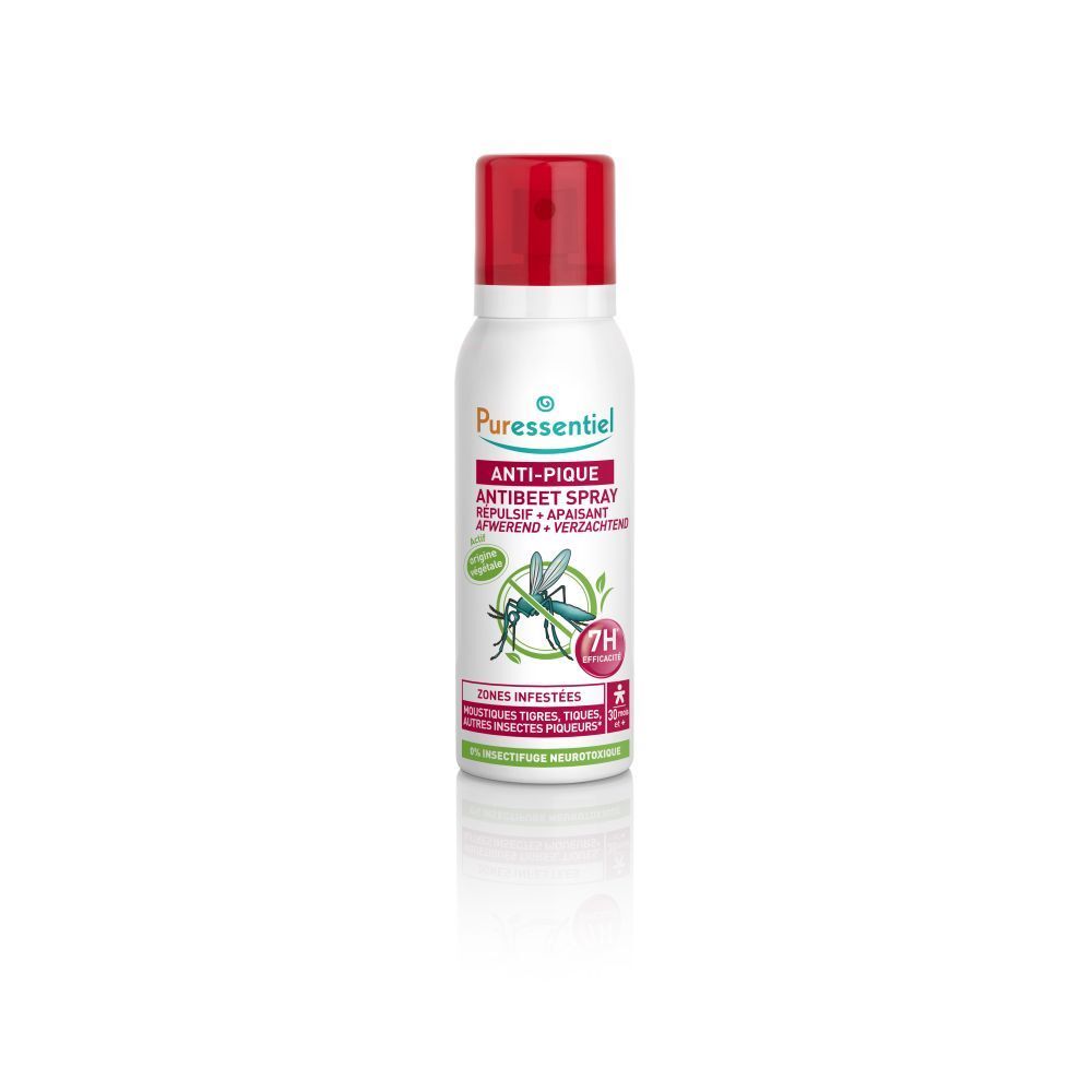 Bouteille de spray Puressentiel Anti-Pique avec bouchon rouge. Montre un moustique et 2H de protection.