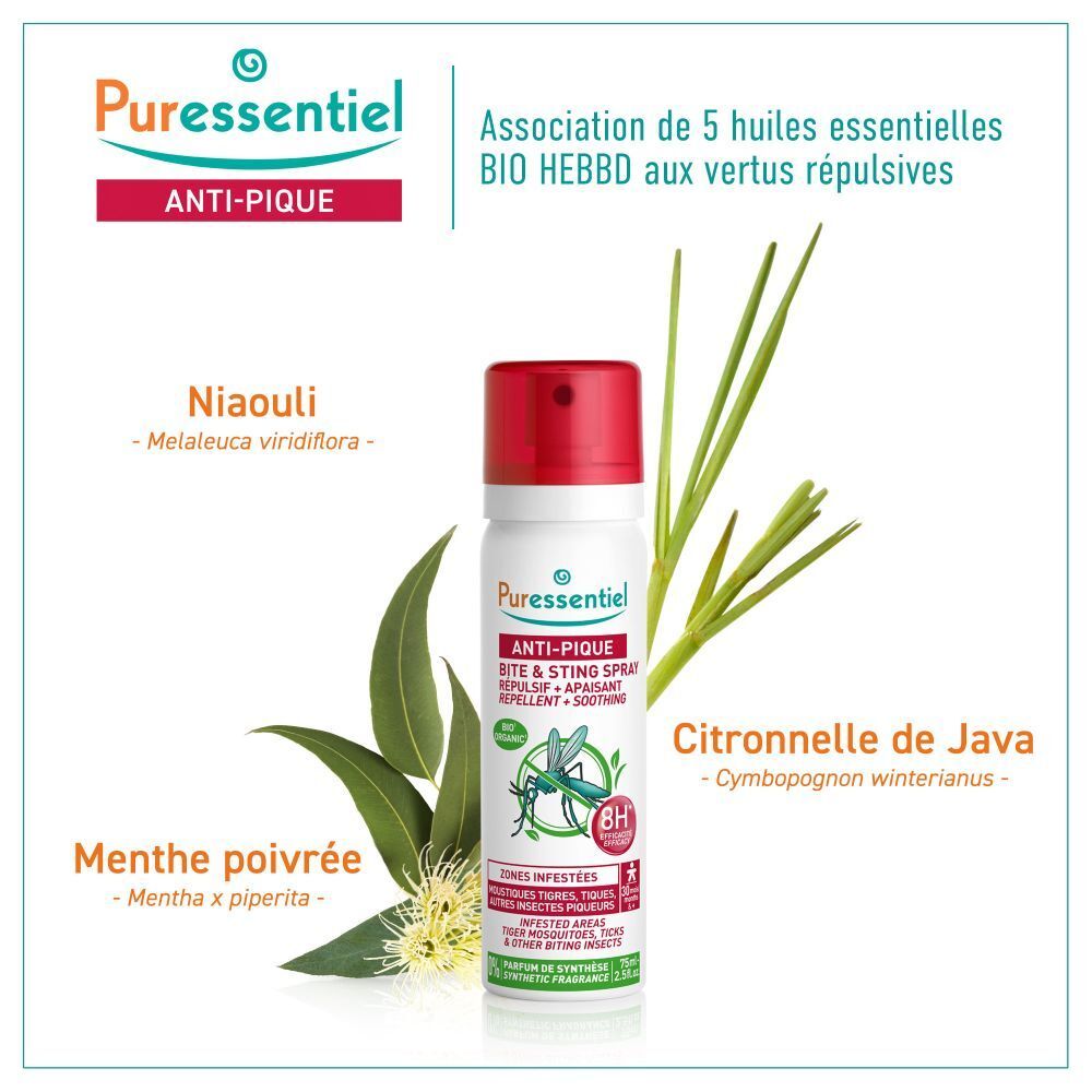 Arrière de la bouteille de spray Puressentiel Anti-Pique avec instructions d'utilisation détaillées.