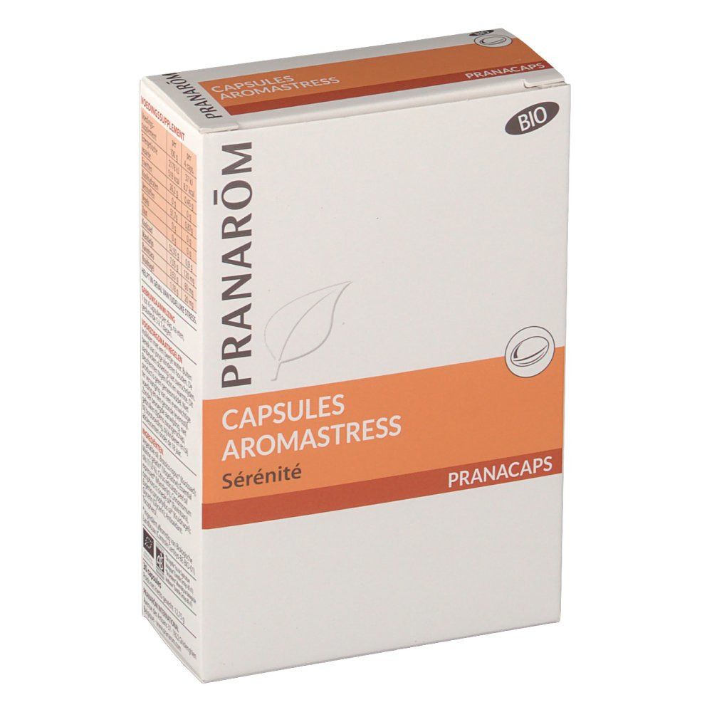 Doos Pranarom Aromastress Bio. Wit met oranje accent. Opschrift: Capsules Aromastress, Serenity, Pranacaps. Bio-label.
