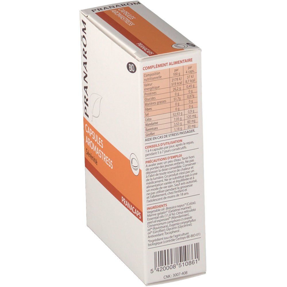 Zijaanzicht van de verpakking Pranarom Aromastress Bio. Bevat voedingsinformatie en ingrediënten. Bio-label. Tekst in het Frans.