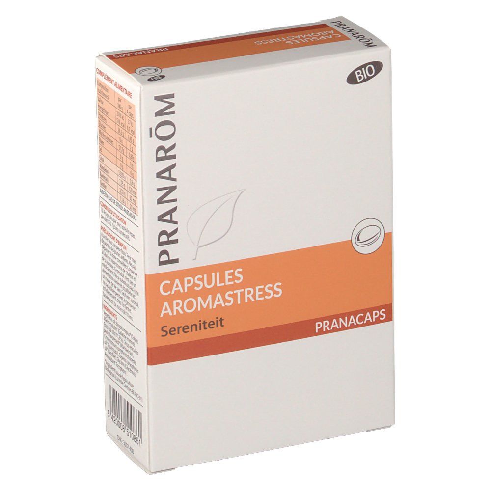 Doos Pranarom Aromastress Bio. Wit met oranje accent. Opschrift: Capsules Aromastress, Serenity, Pranacaps. Bio-label.