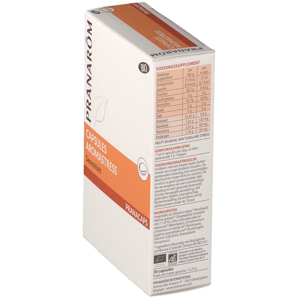 Zijaanzicht van de verpakking Pranarom Aromastress Bio. Bevat voedingsinformatie en ingrediënten. Bio-label. Tekst in het Nederlands.