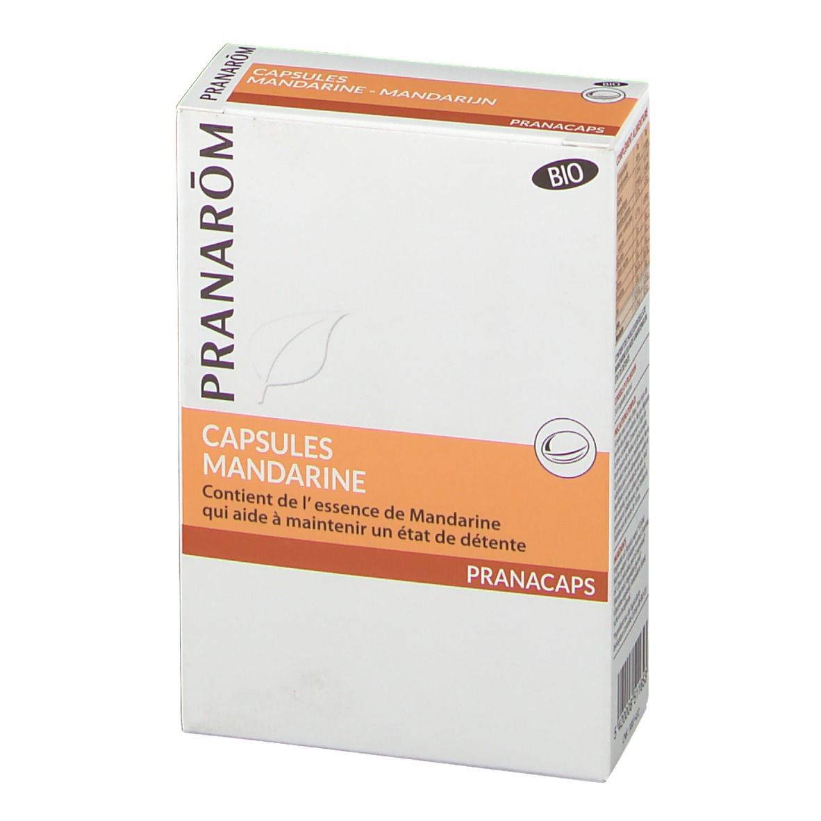 Boîte Capsules Mandarine. Logo Pranarom. Certification Bio. Contient de l'essence de Mandarine. PRANACAPS.