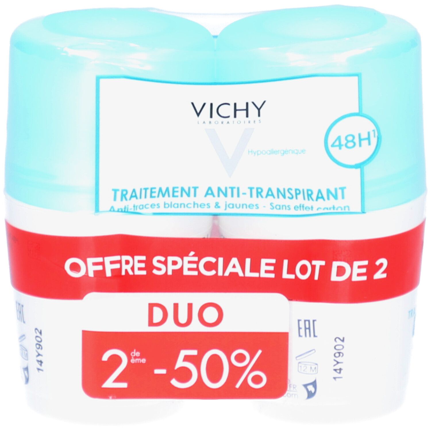 Lot de deux roll-ons Vichy Anti-Transpirant 48H. Emballage plastique. Inscriptions: Offre Spéciale Lot de 2, Duo 2ème -50%.